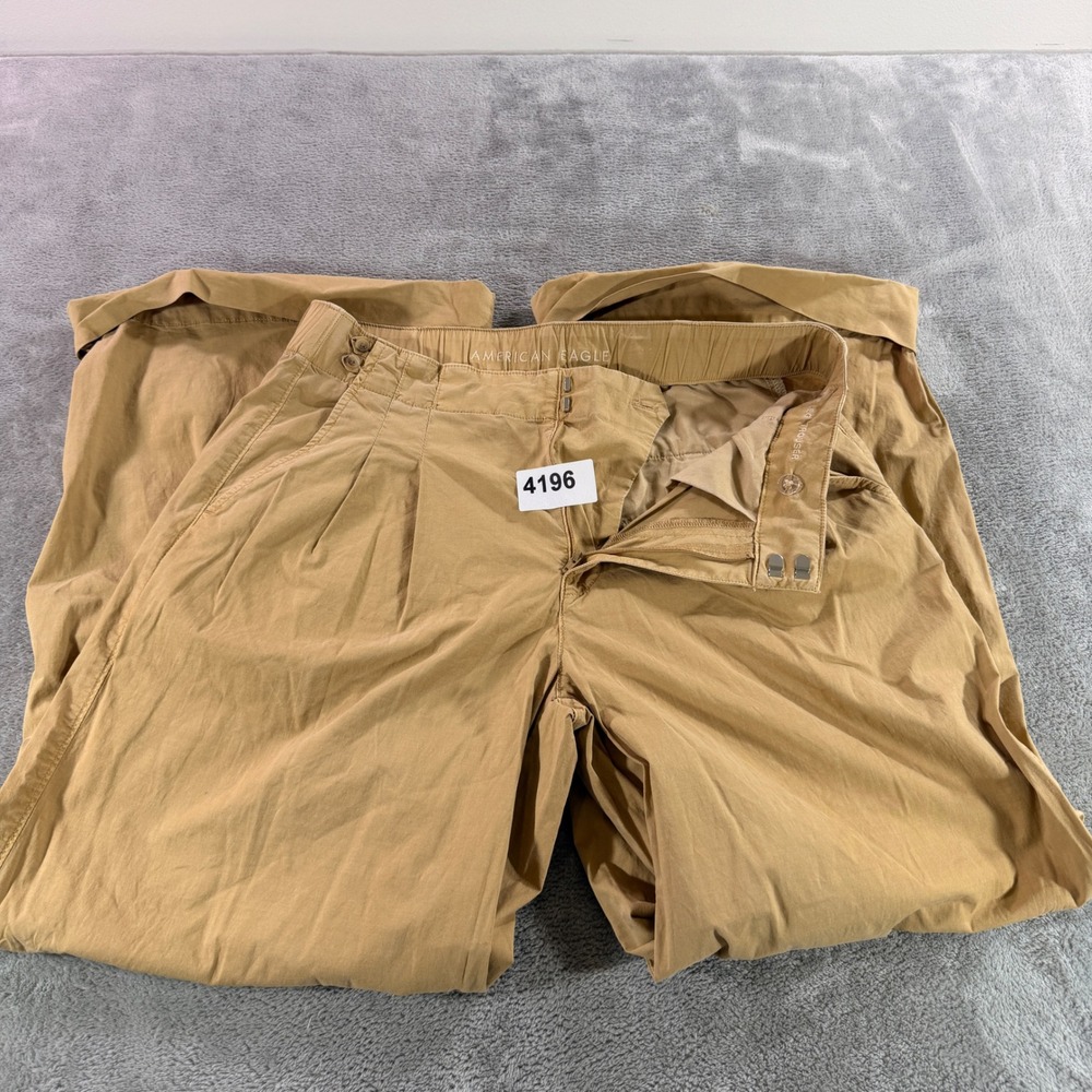 American Eagle Wide Leg Trouser Women 10 Tan Khaki Pleated High Rise Pants